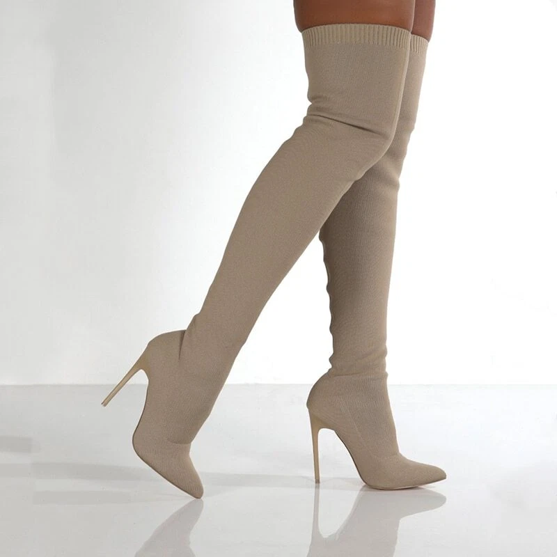 Women Knee High Boots Pointed Toe Thin Heel Slip on Zipper Sexy High Heels - Image 1 of 4