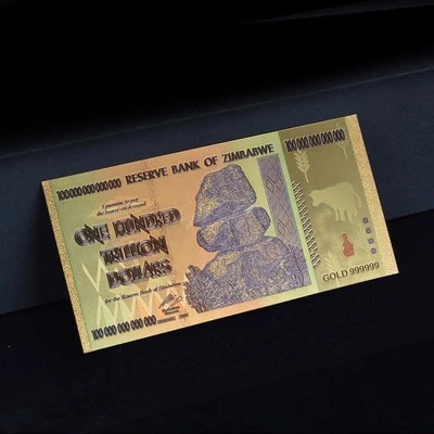Zimbabwe 100 Trillion Gold Banknote Plated 24K Gold with Color Great Gift - Image 1 of 3