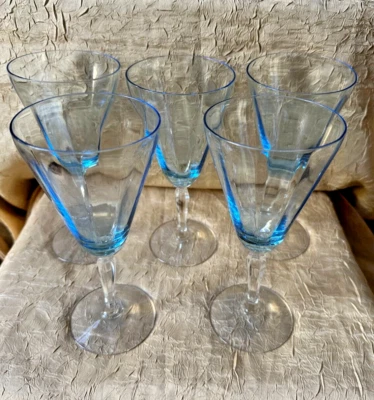 Набор из 5 синих оптических кубков для воды со стержнем Fostoria Azure 5082 7 5/8 дюйма трудно найти - Изображение 1 из 4