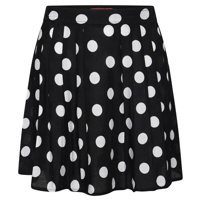 New Womens Skater Mini Stretch Black Spotted Elasticated Waist Ladies Skirt UK - Image 1 of 4