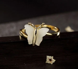 I02 Ring Schmetterling aus weißer Jade Silber 925 vergoldet größenverstellbar - Bild 1 von 3