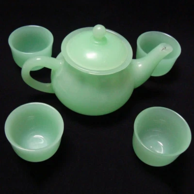 Chinese Handmade Natural Jade Carving Teapot Tea Cup Set Kung Fu Tea Set Decor - Image 1 of 2