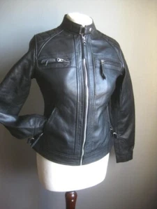 REAL LEATHER BIKER RACER JACKET 8 6 BNWT NEW black short crop soft brand DIAMOND - Picture 1 of 22