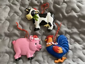 farm animals Christmas Ornaments set of three Cow Rooster Pig Decoration Tree - Picture 1 of 1