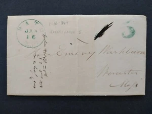 New Hampshire: Bath 1847 Stampless Cover, Green CDS & Large 5c Rate to Worcester - Picture 1 of 3