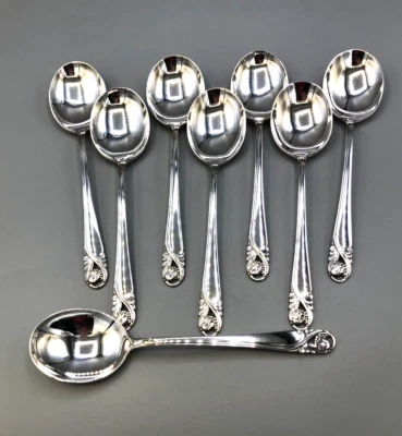 Набор из 8 кремовых суповых ложек Spring Glory от International из чистого серебра 6,5 дюйма - Изображение 1 из 3