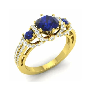 14K Yellow Gold Finish 2.50 Ct Round Cut Blue Sapphire Diamond Engagement Ring - Picture 1 of 6