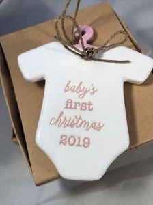 2019 Baby’s 1st Christmas Mud Pie Ornament Pink Writing Hanger - Picture 1 of 4