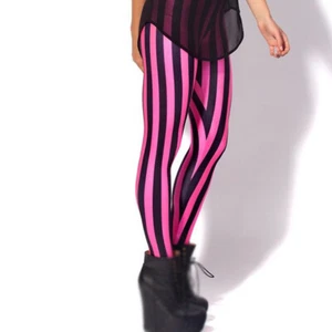 LADIES 3D PRINTED GOTHIC PLUS SIZE PARTY SPORT LEGGINGS PINK/BLACK STRIPED WORK - Picture 1 of 6