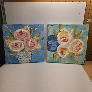 two piece Raised Flowers In Vase Canvas Art 12x12 Home Decore Spring Summer - Picture 1 of 6