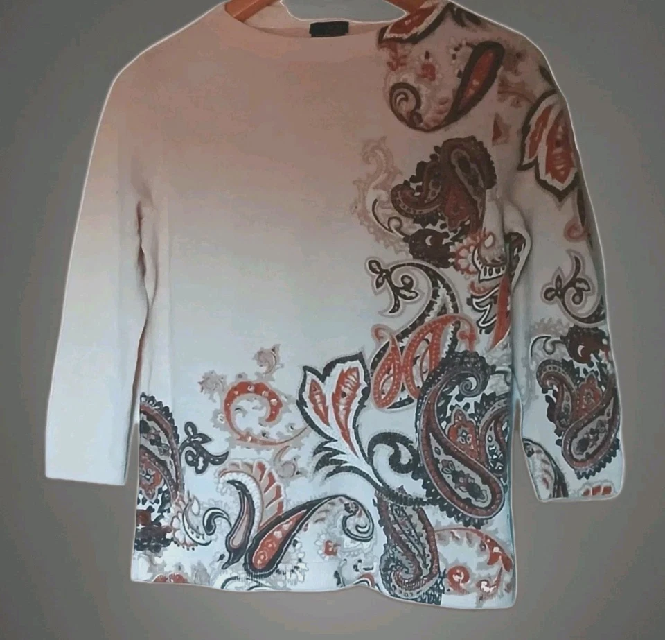 Talbots 纯美利奴羊毛毛衣中号佩斯利奶油色棕色波西米亚假日时尚 — 第 1/4 张图片