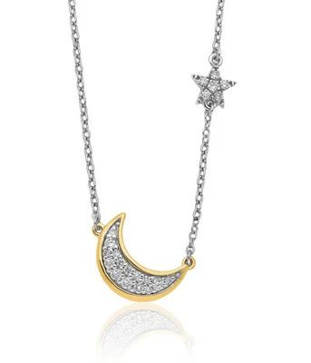 14K Solid Two Tone Gold Yellow Moon Star Diamond Necklace - Image 1 of 4