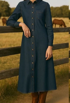 Vtg Moda International Denim Dress M Maxi Snaps Long Sleeves Fitted Western Y2K - Image 1 of 4