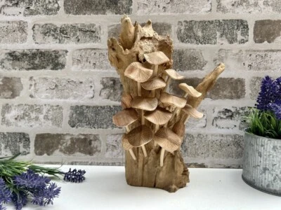 Wooden Mushroom Toadstool Sculpture Hand Carved Driftwood 15 Mushrooms Ornament  - Image 1 of 4