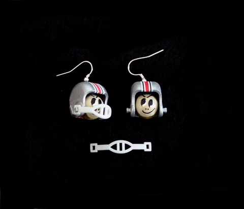 OSU Ohio State Buckeye "Brut" Helmet Earrings. Hand Made, Unique. Removable Mask Cover