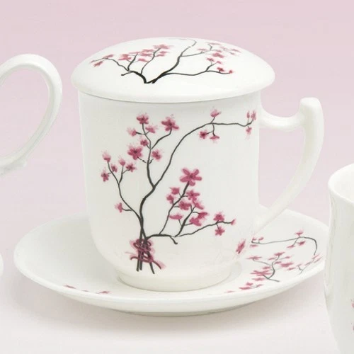 TEALOGIC Tazza da tè con colino e coperchio Cherry Blossom Bone China porcellana