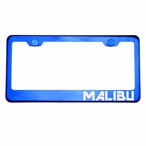Blue Chrome License Plate Frame MALIBU Laser Etched Metal Screw Cap - Picture 1 of 8