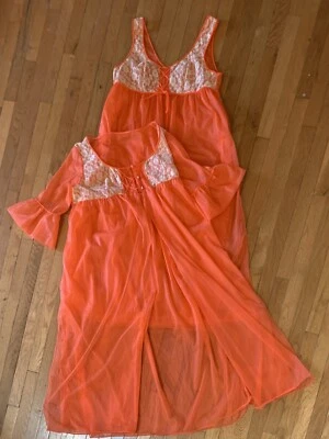Bold Vintage Lingerie Nightgown Nightie Sheer Chiffon Robe Lace Peignoir Set S M - Image 1 of 4