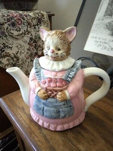 Ceramic Cat Teapot - Pink Dress, Blue Apron, Apples - 8" tall cottage decoration - Picture 1 of 5