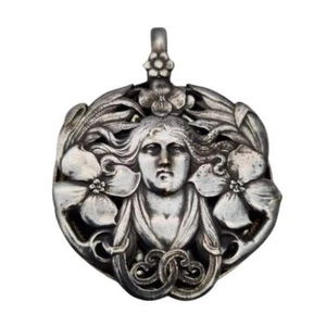 Antique Art Nouveau Hidden Mirror Pendant, Women Floral & Chrysanthemums, Circ - Picture 1 of 10