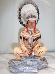 Vtg Native American Indian Chief Headdress Warrior Seated On Rock Figurine - Picture 1 of 12