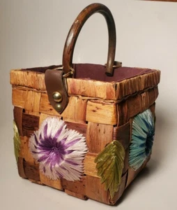 Vintage woven Straw Basket wood handle 3D Embroidery floral square box pail tote - Picture 1 of 10