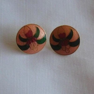 Cloisonné Enamel Pink Floral W/Green Leaves Round Stud Earrings - Picture 1 of 2