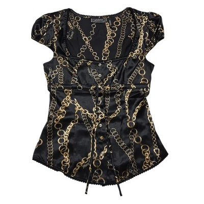 Top Guess para mujer XS negro con botones Y2K estampado de cadena satinado manga corta defecto Foto 1 de 4