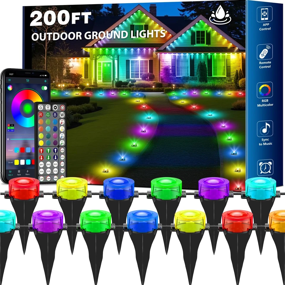 RGB Outdoor Ground Lights, 200Ft Color Changing Pathway Lights with Remote & ... - Image 1 of 4