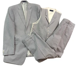 NEW Paul Fredrick 46XL L 40x32 gray white stripe 3pc Seersucker Suit cotton - Picture 1 of 22