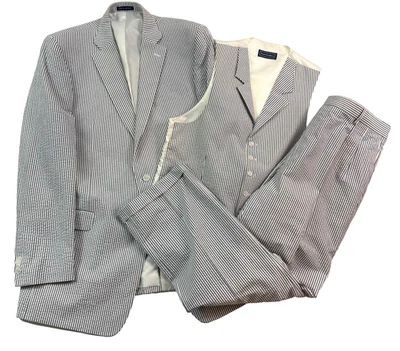 NEW Paul Fredrick 46XL L 40x32 gray white stripe 3pc Seersucker Suit cotton - Image 1 of 4
