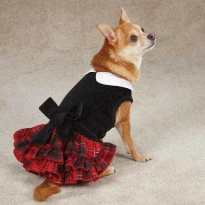 East Side Collection Dog Dress Yuletide Tartan  Velvet Black-XXS - Image 1 of 2