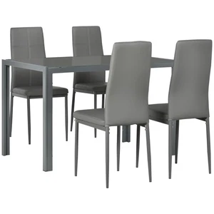 Dining Table Set Glass Four Chairs Faux Leather Padded Seats Metal Frame Grey - Picture 1 of 12