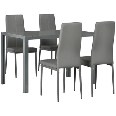 Dining Table Set Glass Four Chairs Faux Leather Padded Seats Metal Frame Grey - Image 1 of 4