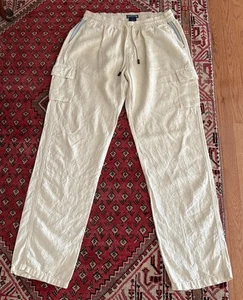 Pantalones de playa cargo Vilebrequin de lino con cordón 2XL bolsillos crema bolsillo a rayas - Imagen 1 de 8
