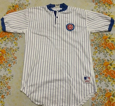VTG Chicago Cubs Jersey Shirt Mens Large White Pinstripe Button Nutmeg - Image 1 of 4