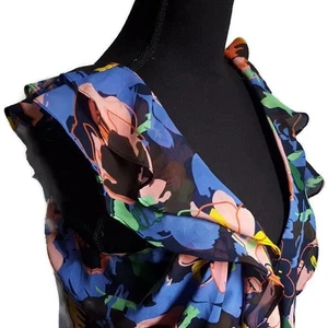 H&M Women's Dress Size 6 Floral Blue Pink Ruffle Shift Sleeveless Recycled - Picture 1 of 9