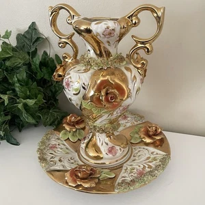 Vintage Capodimonte Vase Teller Set Italienisch Verziert Porzellan 12" MCM Griffe Gold - Bild 1 von 13