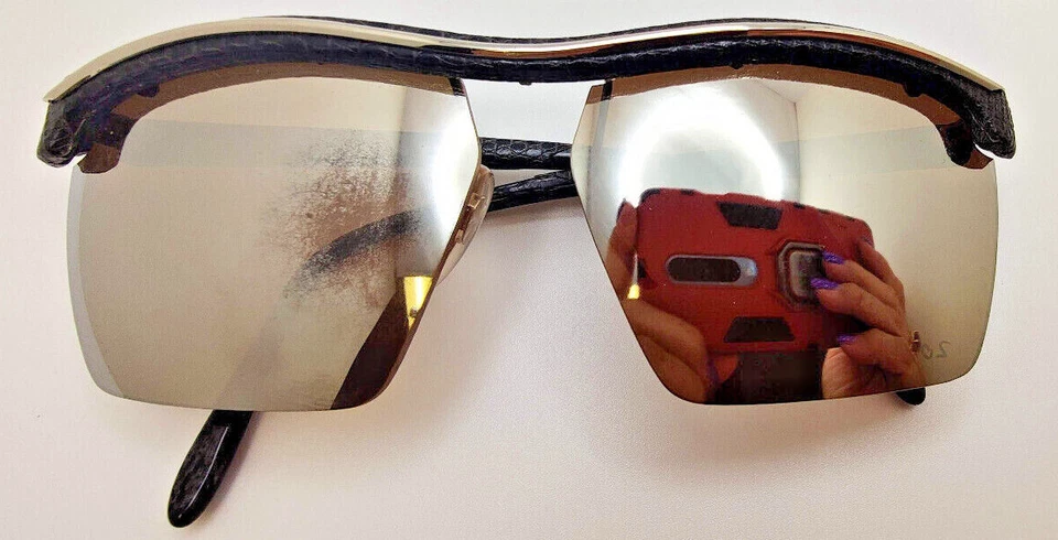 ВИНТАЖНЫЕ очки змеиная кожа искусственные черные и хромированные A 12510 редкие - Изображение 1 из 4