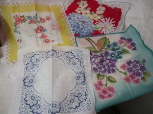 Vintage 4 Handkerchiefs printed Flowers red blue green yellow turquoise - Picture 1 of 5
