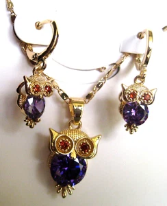 JUEGO COMBINADO DE PENDIENTES COLGANTES DE MODA BÚHO CON COLOR REDONDO CZ 18K GP - Imagen 1 de 5