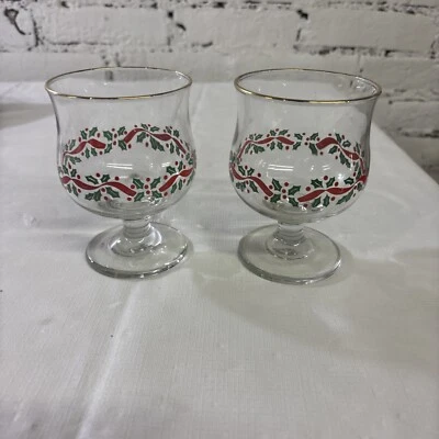 2 Vintage Libbey Arby’s Holly Berry Red Ribbon Christmas Footed Glass Goblets - Image 1 of 4