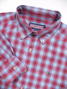 VINEYARD VINES MENS MEDIUM SPORT SHIRT STYLISH RED BLUE CHECK PLAID WHALE LOGO - Picture 1 of 4