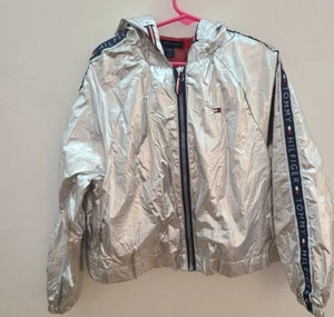 Tommy Hilfiger Girls Hooded Metallic Silver Windbreaker Jacket Small (7)  - Picture 1 of 10