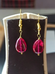 Ruby Corundum Gemstone Smooth Pear 10x14mm Beads 2" Earrings - Picture 1 of 12