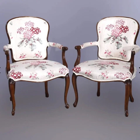 PAIR OF ANTIQUE FRENCH STYLE FLORAL UPHOLSTERED ARMCHAIRS Cover