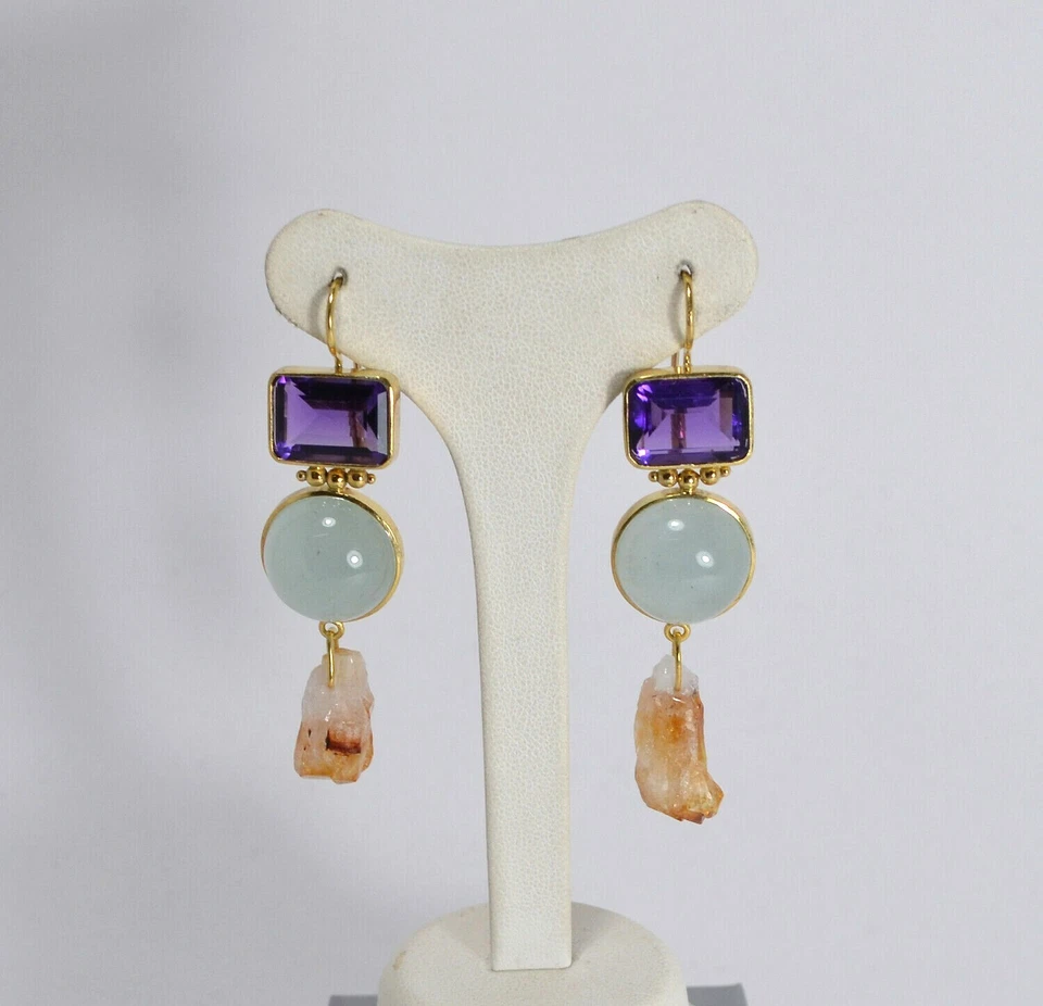 ORECCHINI  ARGENTO 925 DORATO  AMETISTA  ACQUAMARINA  CITRINO GEODI    AGHT 0569 - Immagine 1 di 3