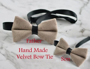 Father Son Match Handmade Mink Pavilion Beige Velvet Bow Tie Bowtie Wedding - Picture 1 of 18