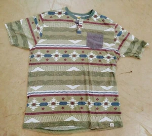 FREE PLANET Men's XL Pocket T-Shirt Aztec Tribal Skater Quarter Button V-Neck - Picture 1 of 7