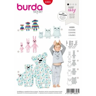 Burda Style Childrens Motif Cuddly Pillows Bear Rabbit Sewing Pattern 6303 - Image 1 of 3
